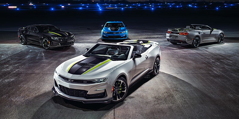 Several 2023 Chevrolet Camaros on display