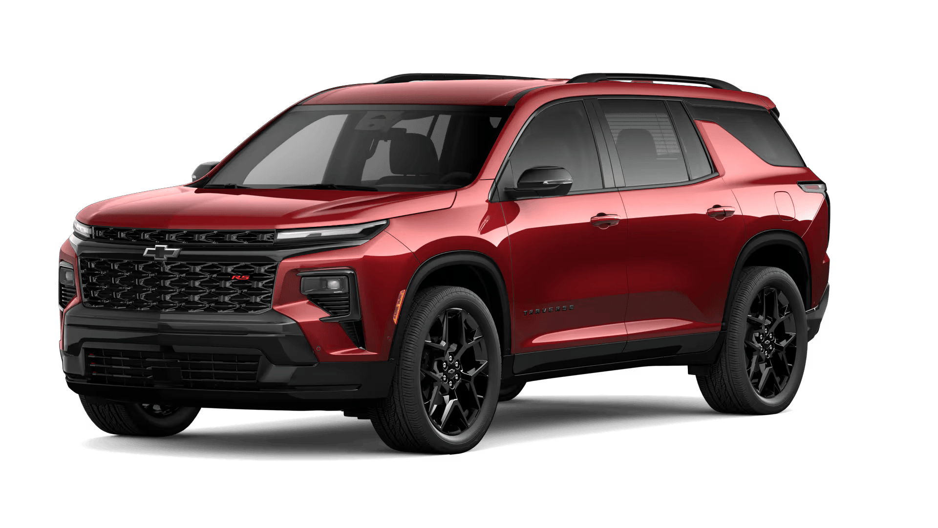 Sporty 2026 Chevrolet Traverse RS featuring sporty red exterior details and 22-inch high-gloss Black-painted aluminum wheels